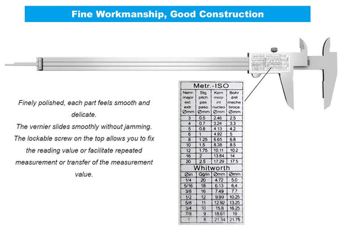 Pro Grade Stainless Steel Vernier Caliper 0 To 12 Inch 300mm Micrometer Style Measuring Tool with conversion chart