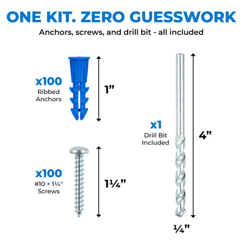 Drywall Anchors and Screws Kit with Drill Bit for a Strong Hold in Walls, ribbed anchors, screws, and drill bit shown