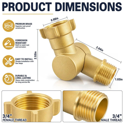 Brass Swivel Hose Connector With 180 And 360 Degree Adjustable Rotation, Three Quarter Inch GHT Female To Male Garden Hose Adapter, Anti Kink Elbow Fitting For Outdoor Faucets, RV Hoses, Sprinklers, And Irrigation Systems, brass swivel adapter dimensions