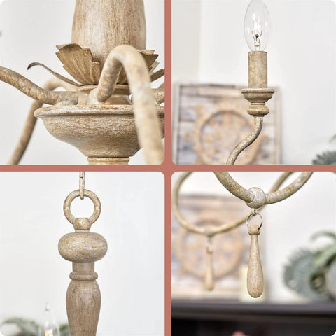 Close-up details of Roma 22 Inch 5-Light French Country Chandelier with Smoked Cedar Finish and Candelabra Sockets