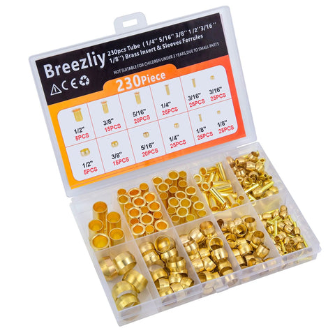 Breezliy brass compression fittings assortment kit, 230 pieces in 6 sizes, plastic case