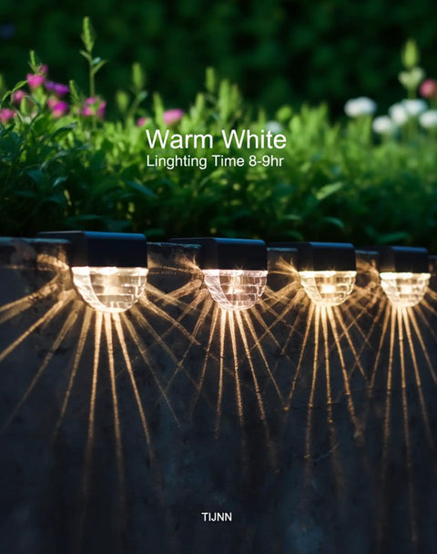 Solar Deck Lights Outdoor Waterproof LED Step And Pathway Lights For Stairs Yard And Patio Decor Lit Backyard Ambience 7 Color Changing Modes Auto On Off 6 Pack Durable Weatherproof Solar Powered With Easy Install on a garden wall.