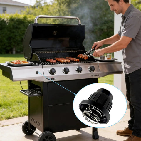 Man grilling with a Char-Broil barbecue using Two Pack AA Battery Push Button Igniter Caps With Spring Replacement Caps.