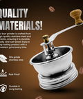 Mason Jar Coffee Grinder Lid With Manual Crank Burr Grinder, stainless steel and ceramic, rust-proof design for home or camping.