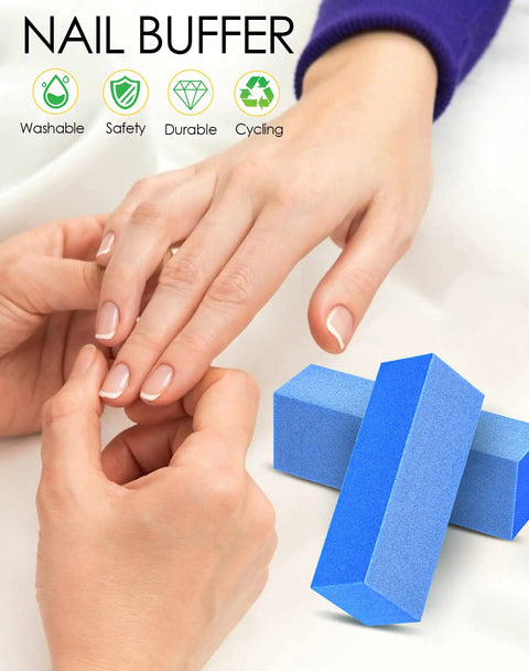 Pro Grade Nail Buffer Blocks 180 240 Fine Grit, hands using 3 way buffing kit for nail prep, durable washable blocks, 5 count