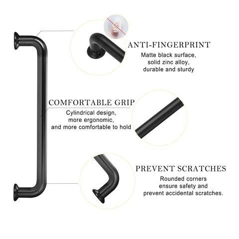 5 Pack 5 Inch Matte Black Kitchen Cabinet Handles with ergonomic cylindrical grip and anti-fingerprint, scratch-resistant design.