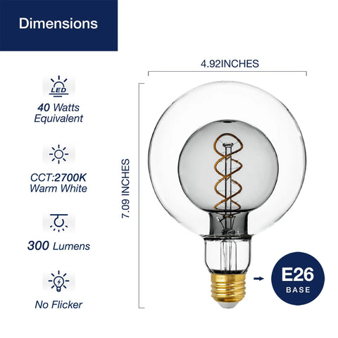 Oversized Vintage Dimmable LED Edison Bulb With Smoke Glass Globe 7W 2700K Soft White 300 Lumen E26 Medium Base CRI90 dimensions