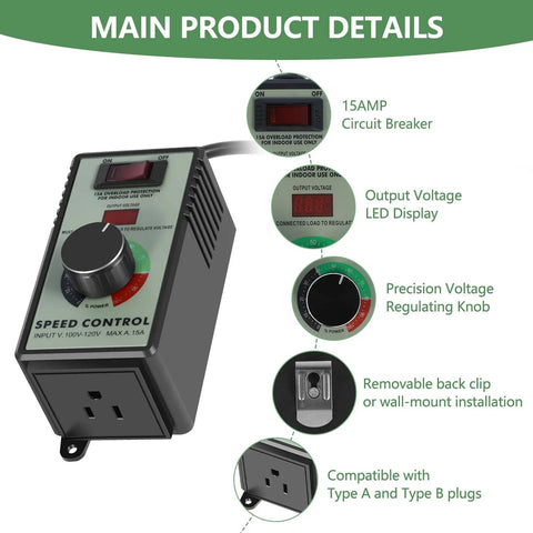 Sweet Spot Variable Speed Controller For AC Motors Featuring 110V Plug And Play Hookup 15 Amp Heavy Duty Build Handles 4000 Watts with LED display and regulating knob.
