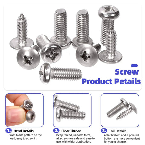 183 Pcs Automotive U Clips And Screws Kit With 11 Sizes U Style Clip On Nuts And Phillips Screws For Engine Fender Bumper Dash And Interior Trim Panels With M5 And M6 Screws All In One Car Fastener Assortment For Diyer Use, close-up view of screws with head, thread, and tail details.