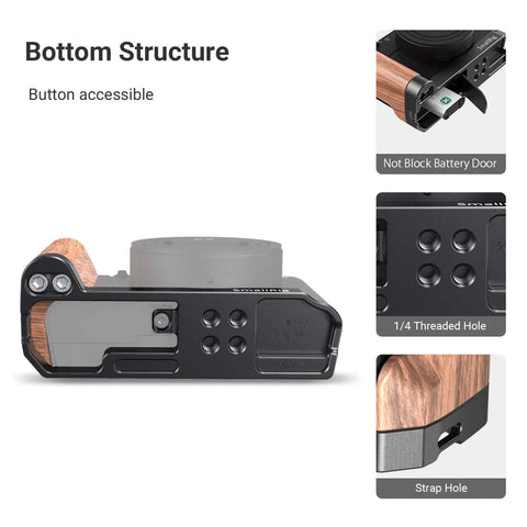 L Shape Bracket With Wooden Grip For Sony RX100 III IV V VA VI VII Cameras showing bottom structure with threaded holes