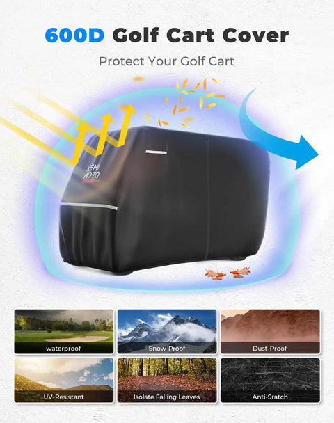 600D Waterproof Golf Cart Cover Heavy Duty Universal Fit For 6 Seater Carts, black cover on cart, weather resistance features