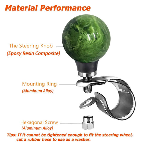 Ball Steering Wheel Spinner Booster Knob For Easy Turning And Quick Stops Universal Turning Assist Handle Fits Tractors Forklifts Lawn Mowers Boats And More Green, showing green epoxy resin knob and aluminum mount.