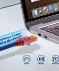Cat5e And Cat6 RJ45 Pass Through Connectors With Strain Relief Boots 100 Pack connecting laptop, showcasing red connector and speed.