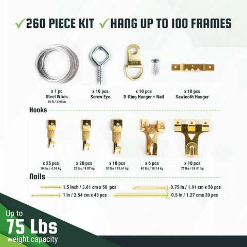 Picture Hanging Kit With 260 Pieces Wall Hangers Hooks Nails And Mini Hammer With Magnetic Head Level Framing Hardware