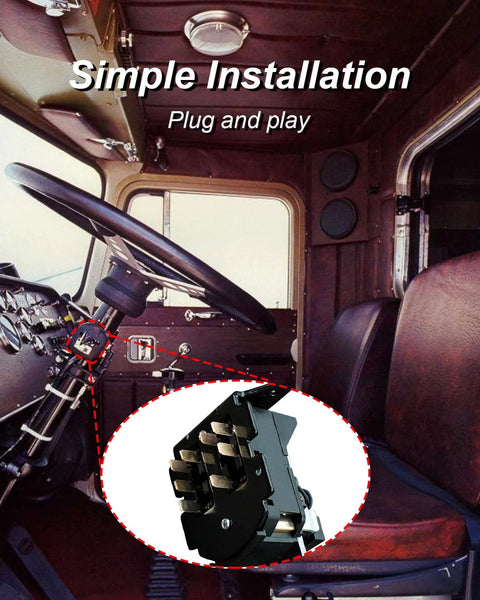 AUGREX multifunction turn signal switch installed in a Peterbilt truck cab; close-up multi-pin connector.