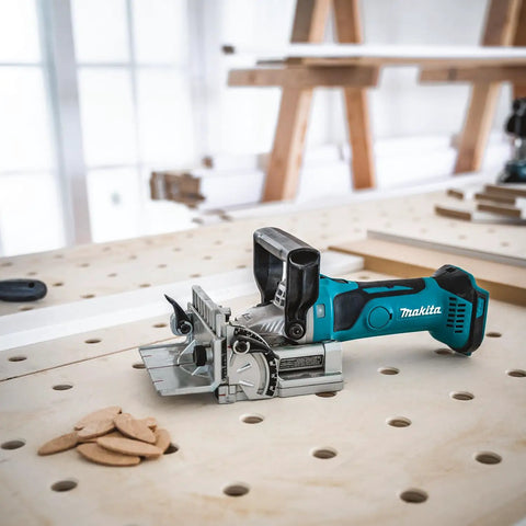 Killer 18V Cordless Biscuit Jointer Delivers Precise Slot Cuts And Strong Butt Joints With Zero Kickback on a workbench.