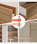 Drawer Slide Jig Kit With Magnetic Arm Punch Locator for effortless cabinet hardware alignment. Images of aligned drawers and cabinets.