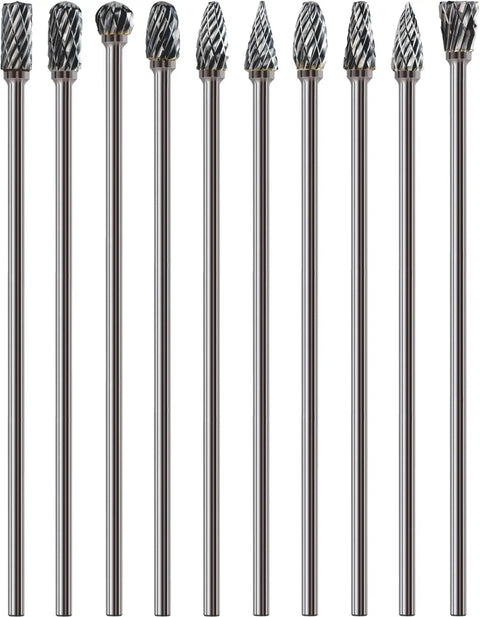 Ten Piece Long Carbide Burr Set With One Eighth Inch Shank For Dremel Die Grinder Bits Port And Grind Metal In Cast Iron Steel