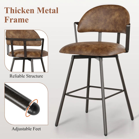26 Inch Bar Stool Set Of 3 Modern Sleek Swivel Counter Height Chairs with Backrests and Metal Legs Faux Leather Upholstered