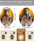 Elongated Toilet Seat Smoky Crystal Resin for Bathroom with measurement guide showcasing sizes and design details.