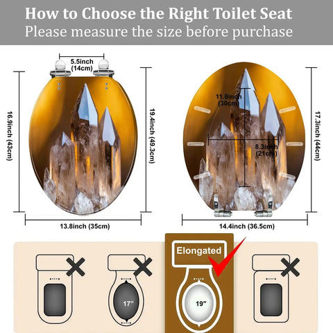 Elongated Toilet Seat Smoky Crystal Resin for Bathroom with measurement guide showcasing sizes and design details.