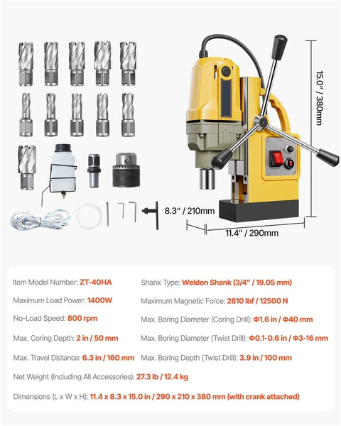 Huge 1400W Portable Magnetic Drill Press For Metal with various boring bits and specifications displayed.