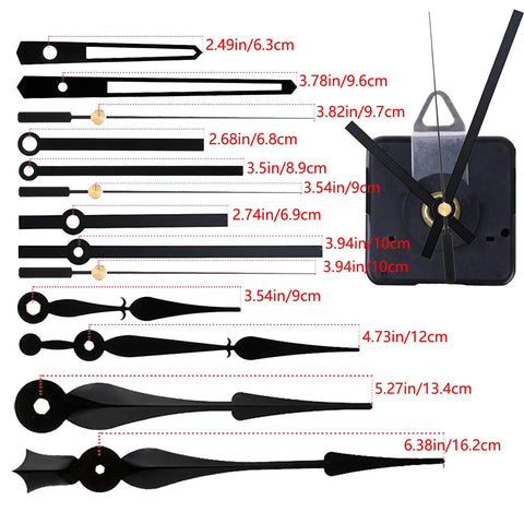 14 Styles Silent Non Ticking Wall Clock Movements Kit With Aluminum Clock Hands Replacement Parts for DIY Repairs shown in black.