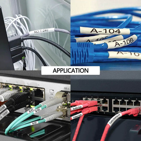 Two Pack Heavy Duty Heat Shrink Tube Labels One Inch Wide Giving Sharp Black Prints On Crisp White Tape For Fast Cable Tagging And Wire Organization No Cap On The Quality And Truly Wallet Friendly used on organized cables in a network.