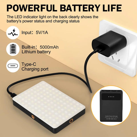 120 LED Selfie Light for iPhone Clip and Tripod Adapter with 5000mAh battery charging via Type-C port, showing battery life.