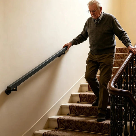 Older man using Heavy Duty Stainless Steel Flush Wall Mounted Handrail Matte Black Stair Railing for safe support on stairs.