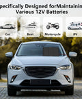 Lightweight 50W 12V Solar Battery Charger Maintainer on car windshield, suitable for cars, boats, RVs, with alligator clips visible
