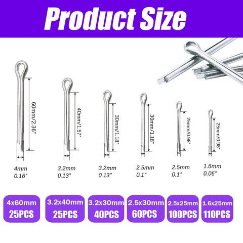 Cotter pin assortment kit, stainless steel 304, 360 pcs in 6 sizes, Amazon brand