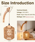 ZEORIVAX Rattan Wall Lamp with Plug-in Cord Hand Woven Paper Rope Sconce hanging beside a bed with natural wood details.