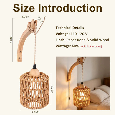 ZEORIVAX Rattan Wall Lamp with Plug-in Cord Hand Woven Paper Rope Sconce hanging beside a bed with natural wood details.