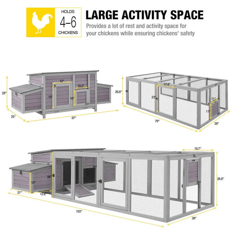 Diagram of Outdoor Wooden Chicken Coop For 4 To 6 Birds With Two Nesting Boxes, Big Hen House And Bird Run, Grey AIR45