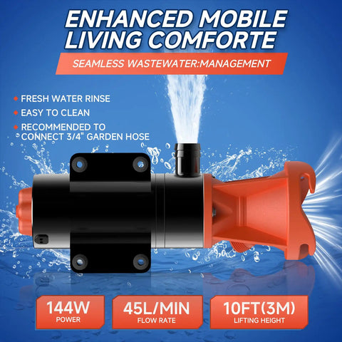 12V RV Macerator Pump For Sewage With 12 GPM Flow 10 Ft Lift And 3.2 Ft Suction in black and orange with water spray