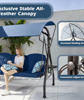 800LBS Capacity Patio Swing With Canopy 3 Seat Outdoor Porch Swing On Stand with Cup Holder and Pillow, Blue
