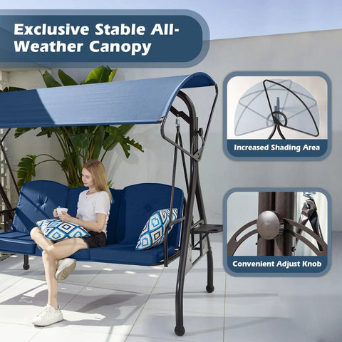 800LBS Capacity Patio Swing With Canopy 3 Seat Outdoor Porch Swing On Stand with Cup Holder and Pillow, Blue