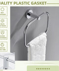 Slick Premium Chrome Square Hand Towel Ring For Bathroom Sink Wall Mounted featuring a quality plastic gasket and a towel.
