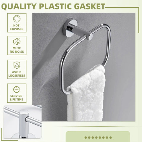 Slick Premium Chrome Square Hand Towel Ring For Bathroom Sink Wall Mounted featuring a quality plastic gasket and a towel.