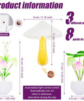 Product information for Eight Piece Mushroom Night Light Set With Seven Color Changing LED Lamps, showing dimensions and models.