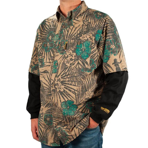 Flame Resistant Long Sleeve Hawaiian Shirt Tropi Camo X Large For Workwear And Field Crews, Lightweight FR Knit, Two Chest Pockets