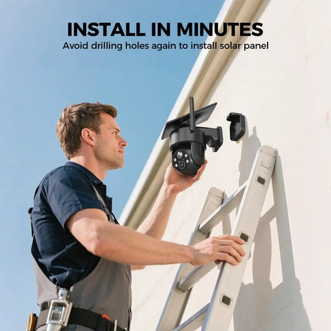 Man installing 2K 360 Degree Solar Wireless Outdoor Security Camera With Color Night Vision, Motion Detection, 2 Way Audio