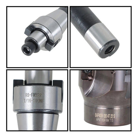 Close-up of R8 FMB22 Milling Handle 400R 50mm CNC End Milling Cutter components with APMT1604 carbide inserts detail