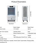 Portable Evaporative Swamp Cooler With Remote And 12 Hour Timer, 3 Speed Air Cooling Fan With 80 Liter Tank dimensions and specifications