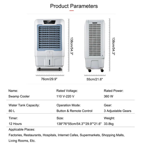 Portable Evaporative Swamp Cooler With Remote And 12 Hour Timer, 3 Speed Air Cooling Fan With 80 Liter Tank dimensions and specifications