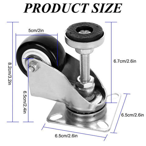 2 Inch Leveling Plate Caster Wheels Set Of 4 With Adjustable Foot Pads Up To 520 Lbs Heavy Duty Industrial Casters Silent Swivel Zinc Plated Metal Rubber Wheels And Steel Brakes For Workbenches Furniture Carts And Transportation