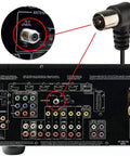 Back of AV receiver showing FM Antenna 75 Ohm Indoor Universal Connector Adapter for stereo systems setup