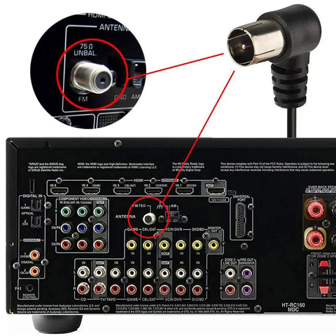 Back of AV receiver showing FM Antenna 75 Ohm Indoor Universal Connector Adapter for stereo systems setup