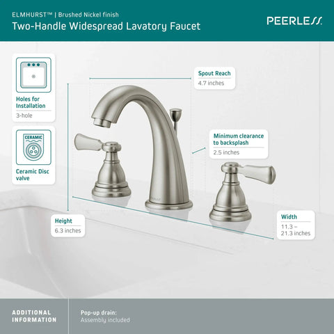 Elmhurst Two-Handle Widespread Bath Faucet In Brushed Nickel For 3-Hole 6 To 16 Inch Install, ADA Compliant WaterSense Fixture displayed